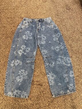 Floral Print Barrel cut wide leg Ankle Jeans - Blue denim size L - see pics!